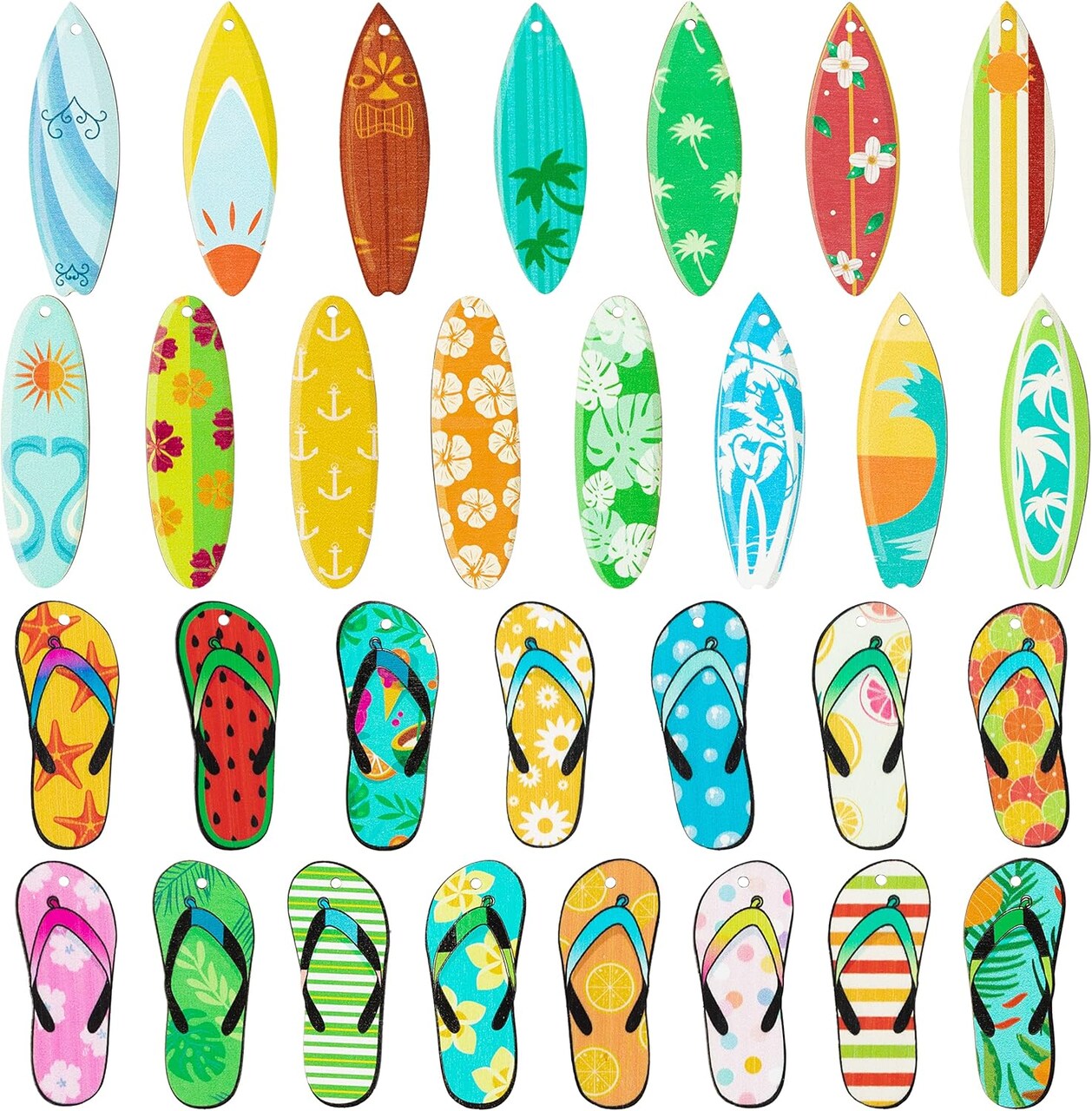 Summer Decorative Hanging Ornaments - 31Pcs Surfboard Surfing Flip Flop Slippers Beach Wood Hanging Ornaments Decorations Hawaii Beach Slippers Wooden Slices Gift Wrapping Tag Pendant Giftwrap